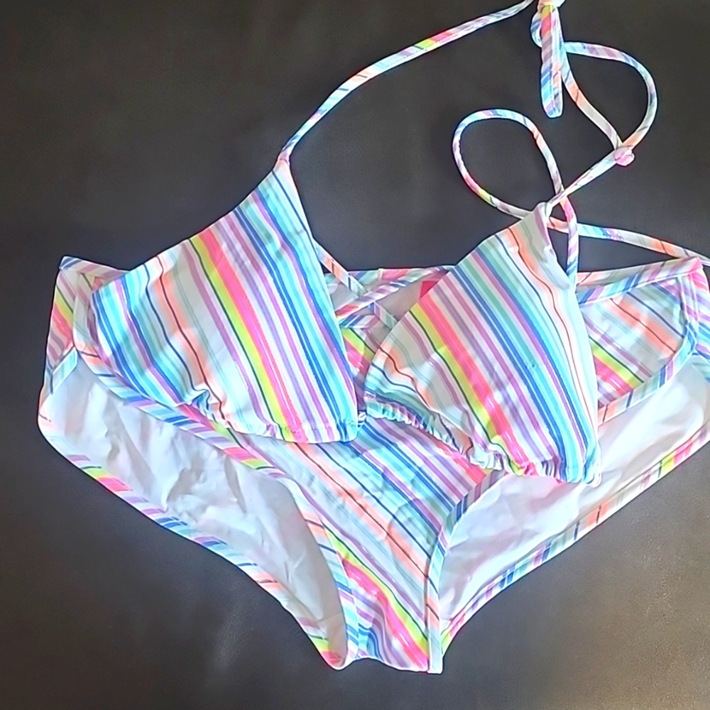 Victoria's Secret white multicolor-striped bikini (top and bottom); size Med